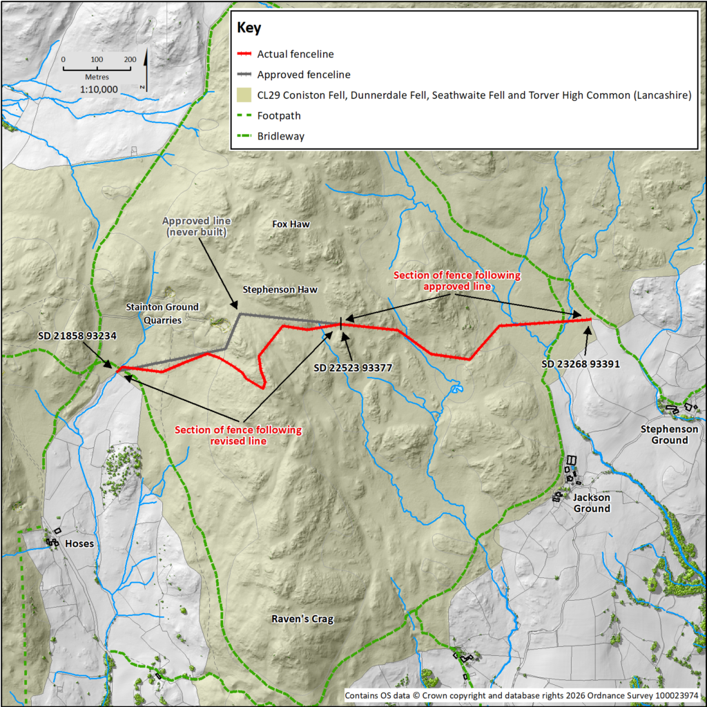 Map showing Raven's Crag fence's deviation from approved line
